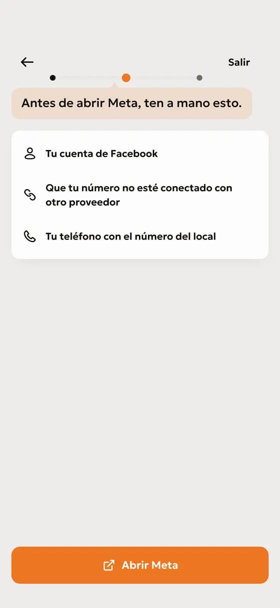 Ten a mano tu cuenta de Facebook y el teléfono del local, y toca «Abrir Meta».
