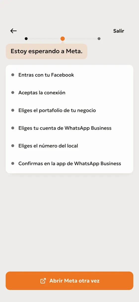 En la ventana de Meta: entra con tu Facebook, acepta, elige tu negocio, tu cuenta de WhatsApp Business y el número. Confirma en la app de WhatsApp Business.