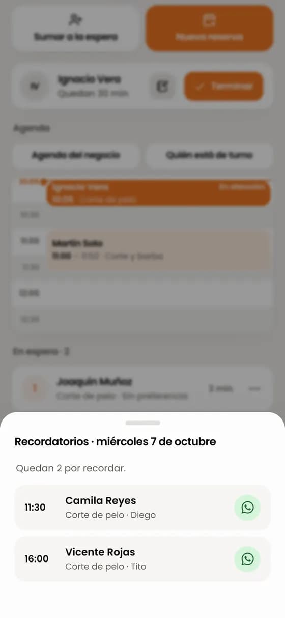 Para el WhatsApp, en Inicio abre los recordatorios de mañana: «Mañana vienen 6 personas».