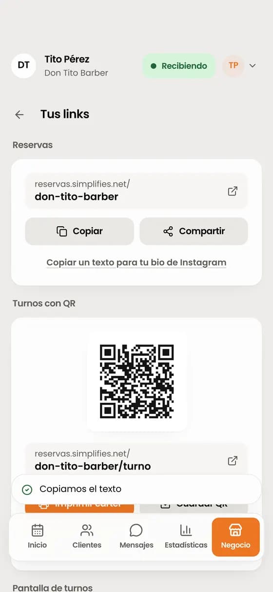 Toca «Copiar un texto para tu bio de Instagram»: queda «Reserva tu hora en … » con tu link, listo para pegar.