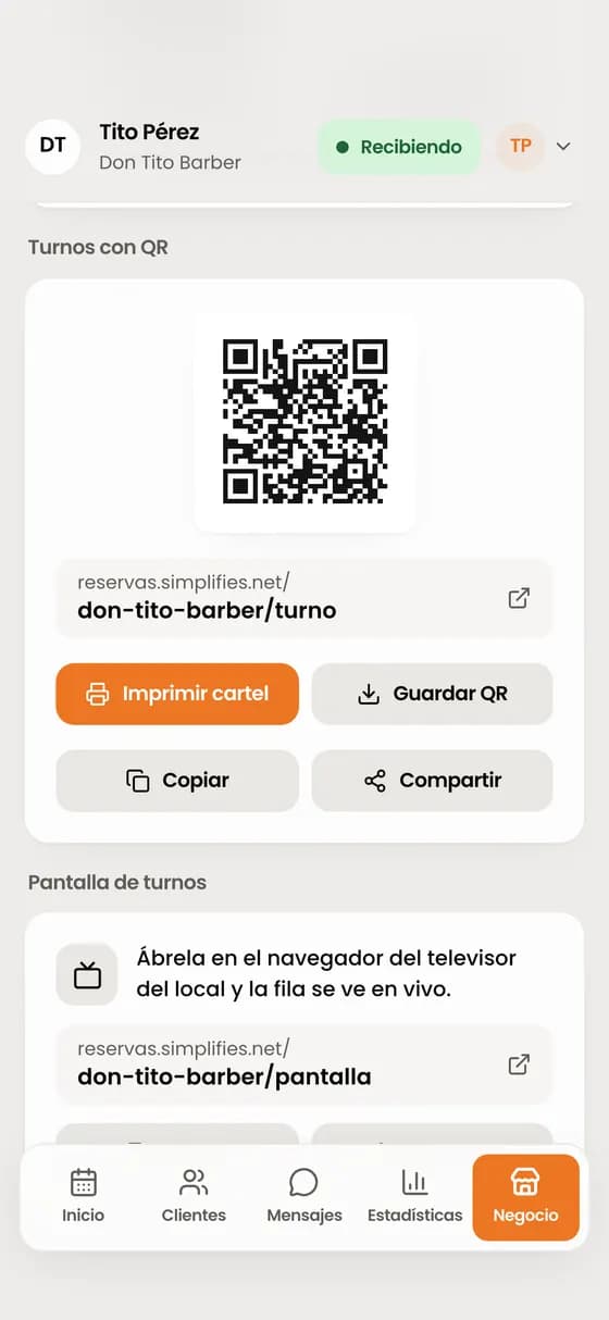 En Negocio › Tus links, abre «Turnos con QR».