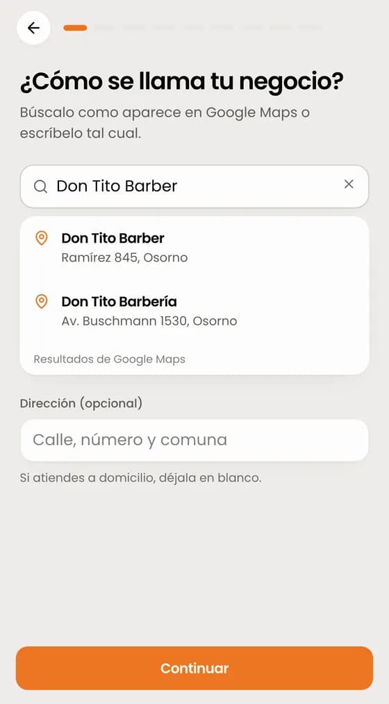 «¿Cómo se llama tu negocio?». Escribe el nombre y elige tu local en las sugerencias de Google Maps. La dirección es opcional.
