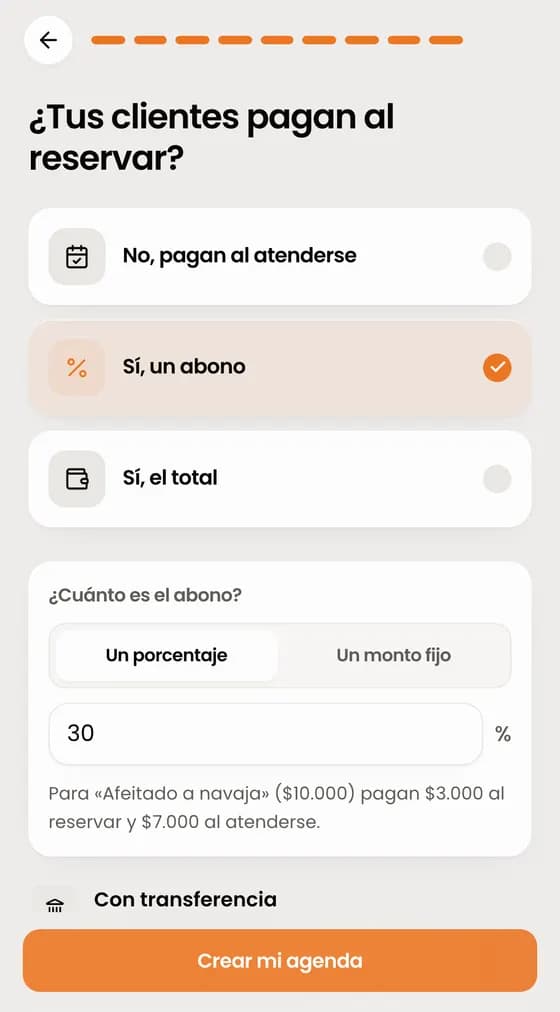 «¿Tus clientes pagan al reservar?»: no, un abono o el total. Toca «Crear mi agenda».