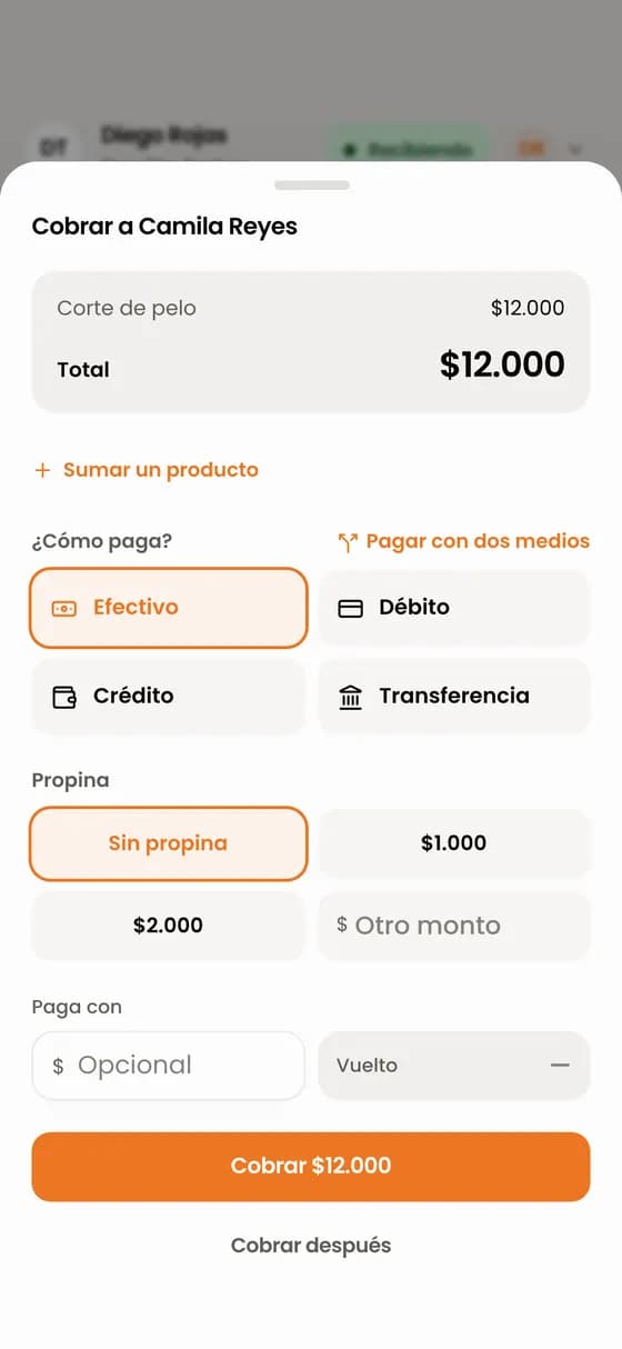 Al terminar se abre «Cobrar» con el servicio y su precio.