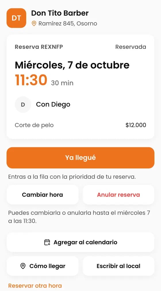 Desde el link de su reserva, el día de la cita toca «Ya llegué».